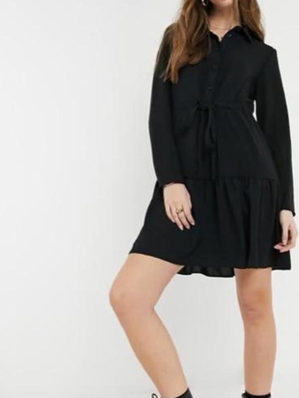 New Look tie waist tiered shirt dress in black size 6, brand new with tags